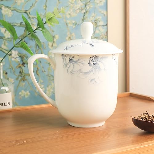 Miniatura 10 de Jingdezhen - Taza de té de porcelana fina con tapa de 12 onzas, taza de porcelana blanca para oficina y hogar (amarillo y blanco)