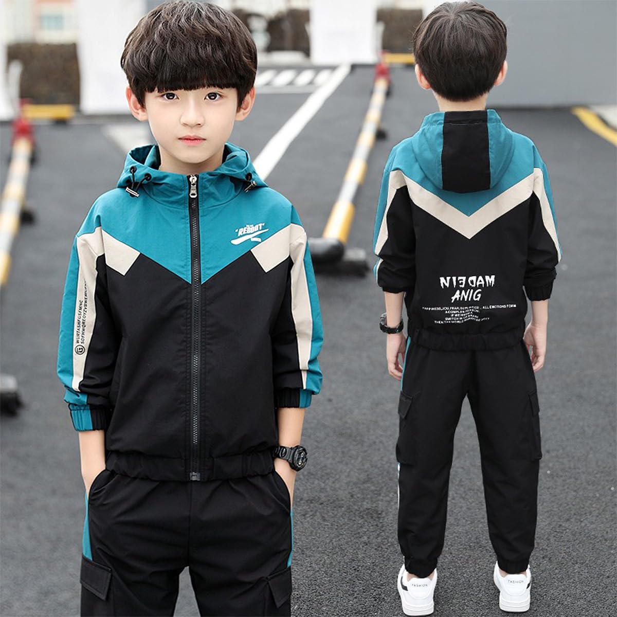 Linboo Kinder Trainingsanzug Jungen Sport Set 2tlg Jogging Bekleidungsset Langen ärmeln Sweat-Jacke mit Kapuze + Sporthose