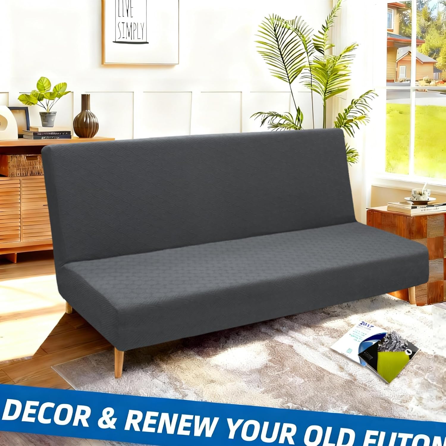 XINEAGE 2026 New Futon Cover Full Size Stretch Armless Sofa Bed Cover Anti-Slip Furniture Protector Without Armrests Futon Slipcover with Elastic Bottom (67"-82", Dark Gray)