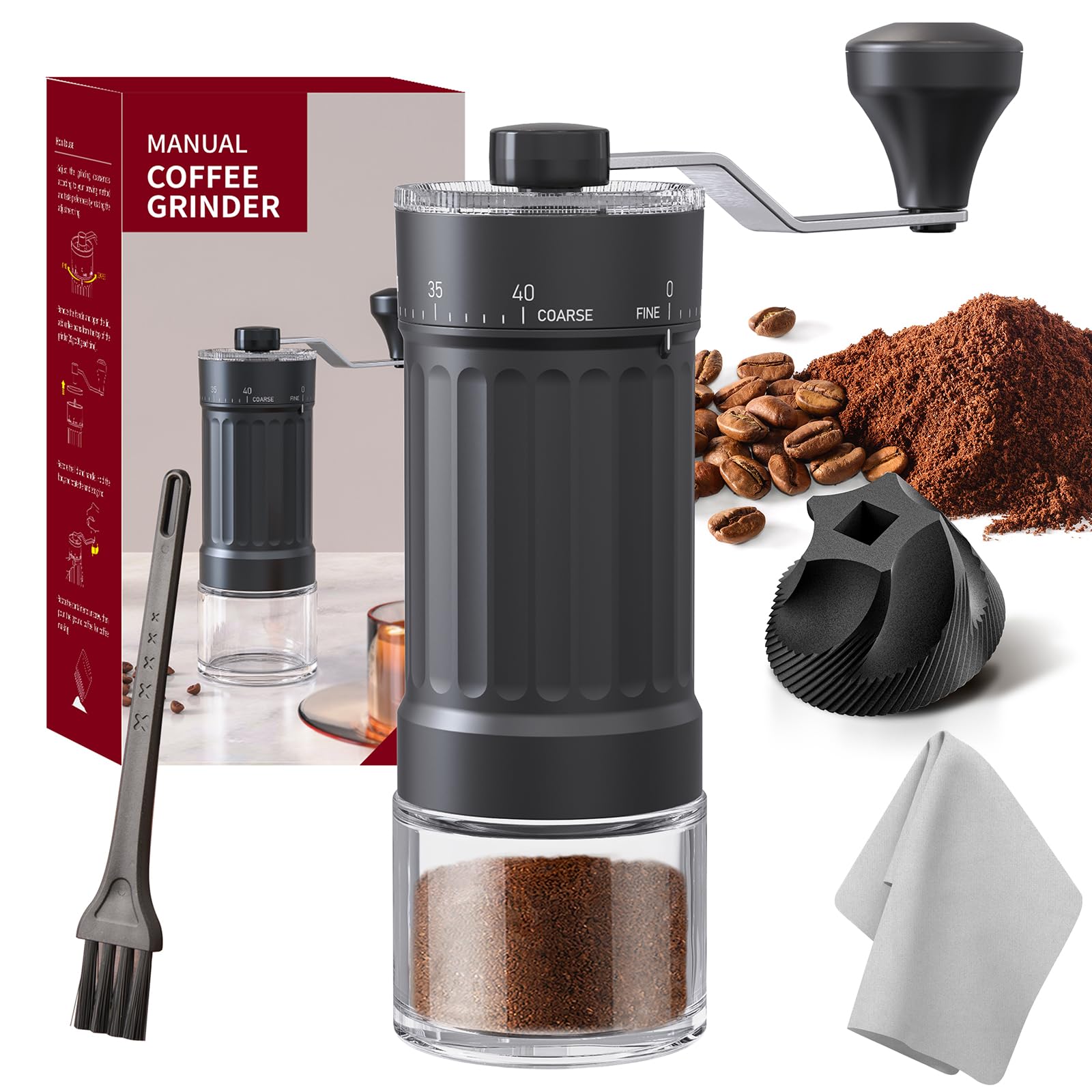 HOTUT Manuelle Kaffeemühle, Handkaffeemühle mit hochpräzisen Keramik-Kegelmahlwerk, Externe Verstellbarer Mahlgrad von grob bis fein, Handmühle kaffee für Zuhause, Büro, Reise