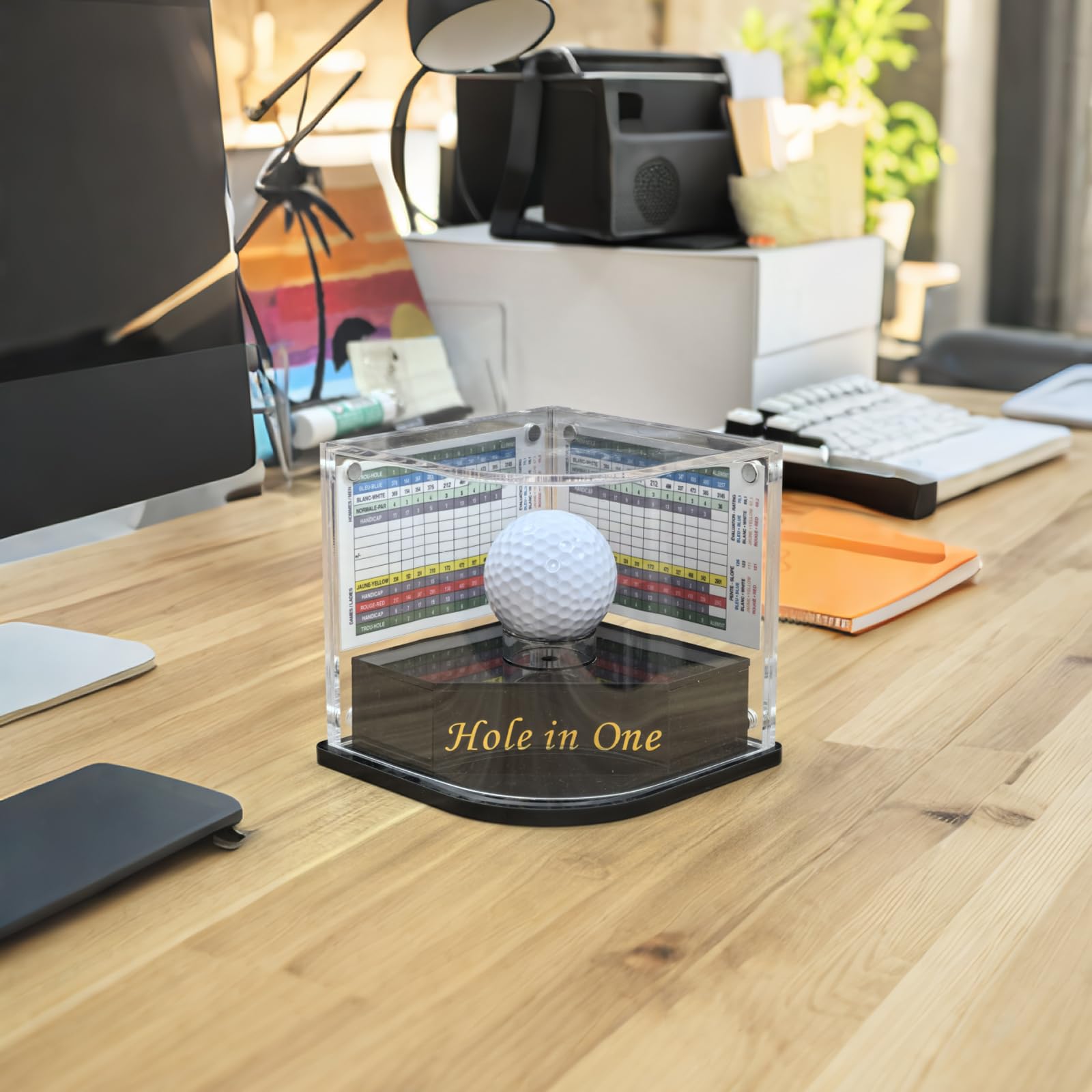 Vitrina de pelotas de golf para pelotas de golf con marco de exhibición de fondo, regalos de golf, accesorios para hombres y mujeres, agujero estampado dorado en uno