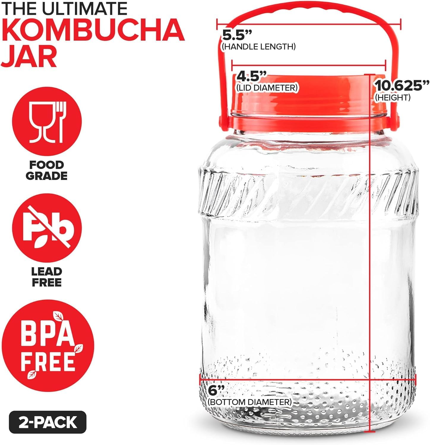 Barattolo in vetro da 1 gallone con coperchio (2 pezzi) da 3,65 l, grande barattolo per tè al sole, grandi brocche per kombucha per fermentazione, contenitore per kimchi, cavoli, pomodori, sottaceti