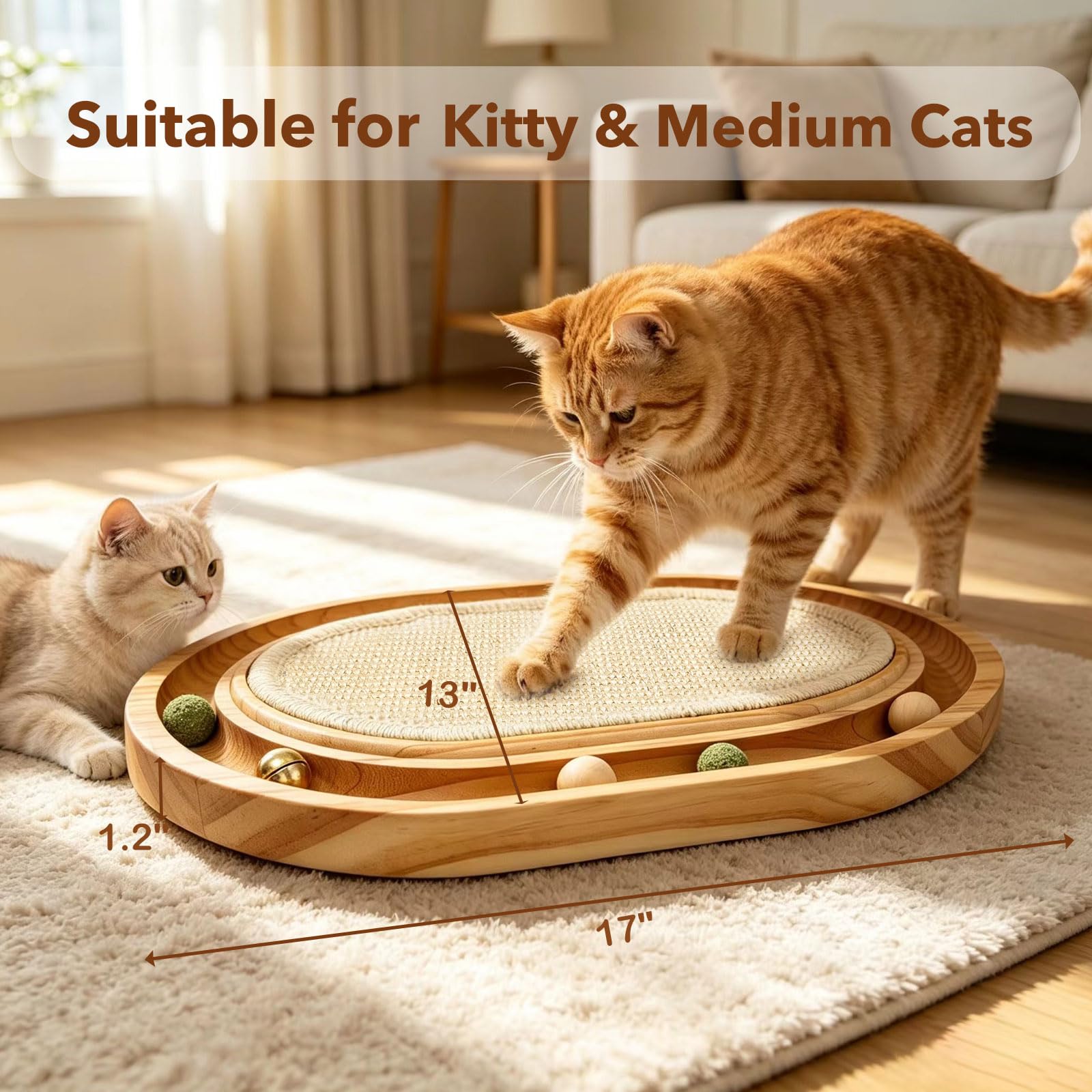 Sisal-Kratzspielzeug mit Kugelbahn, interaktives Katzenspielzeug für Indoor-Katzen, natürliches Sisal-Kratzpad, stabiler Massivholzrahmen, körperliche Übung für Kitty & mittelgroße Katze