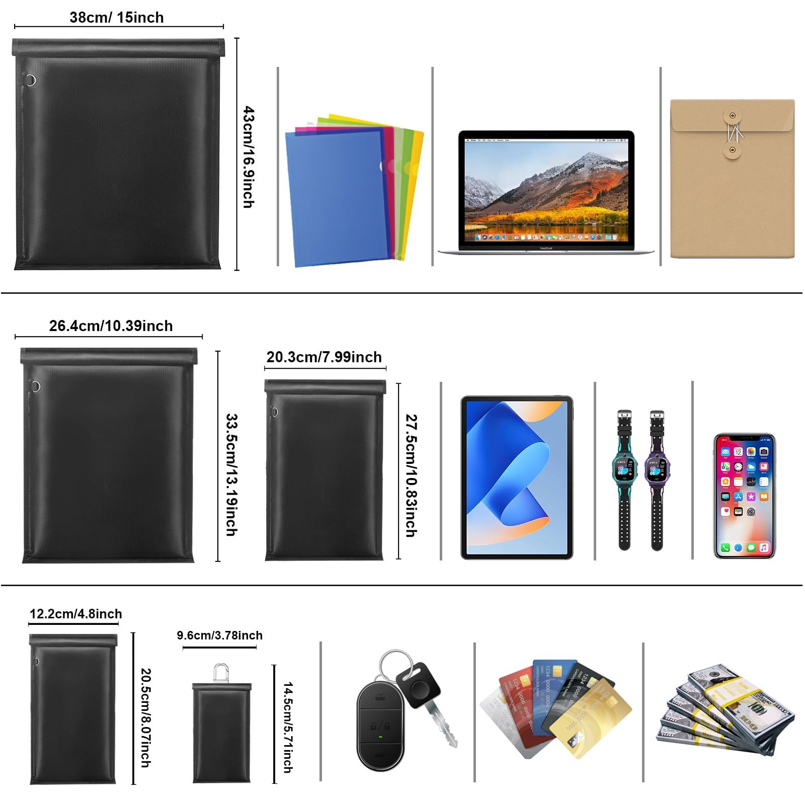 Duże torby Faraday - 5 sztuk klatek Faraday na laptopy, tablety, telefony i kluczyki samochodowe, ochrona kluczyka Faraday, ognioodporne i wodoodporne etui blokujące sygnał antykradzieżowy