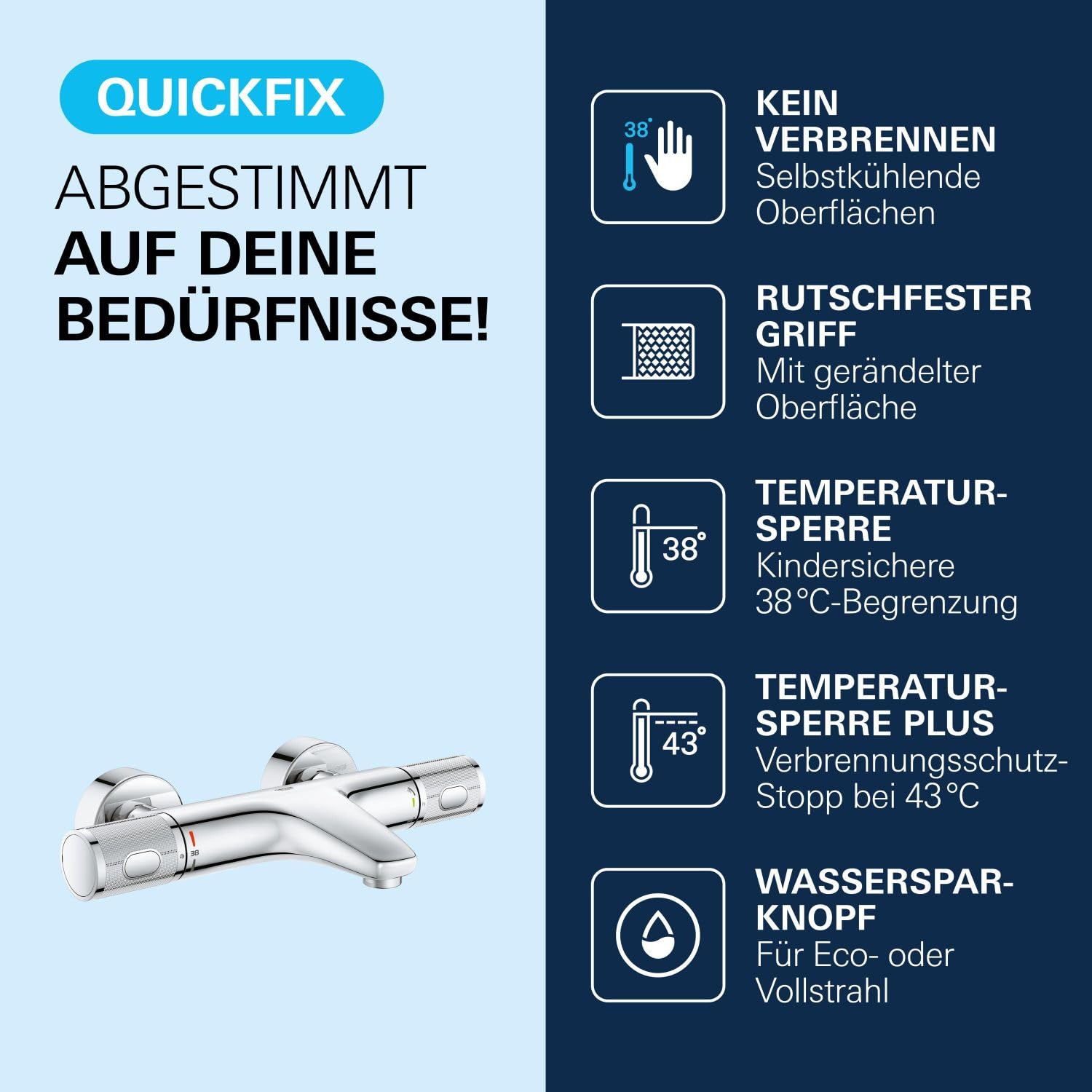 GROHE Precision Feel, Badewannenarmatur, wassersparend (Thermostat mit stets kühler Oberfläche für Kinder, Duscharmatur mit Sicherheitssperre bei 38°C, Anti-Rutsch Griffe, 3in1 Tool), chrom, 34788000
