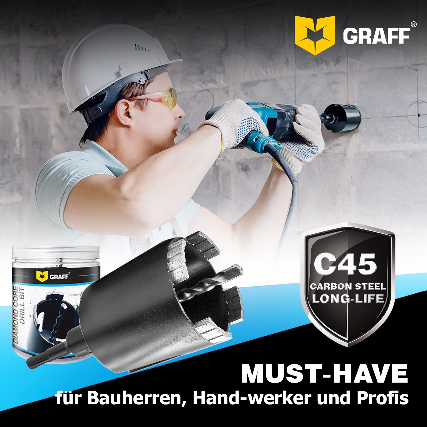 GRAFF Diamant Bohrkrone 82mm Beton Dosensenker Dosenbohrer - Diamant Bohrkronen Set für Mauerwerk Ziegel Poroton Putz Gestein - Steckdosenbohrer und Lochsäge für SDS Plus Bohrhammer