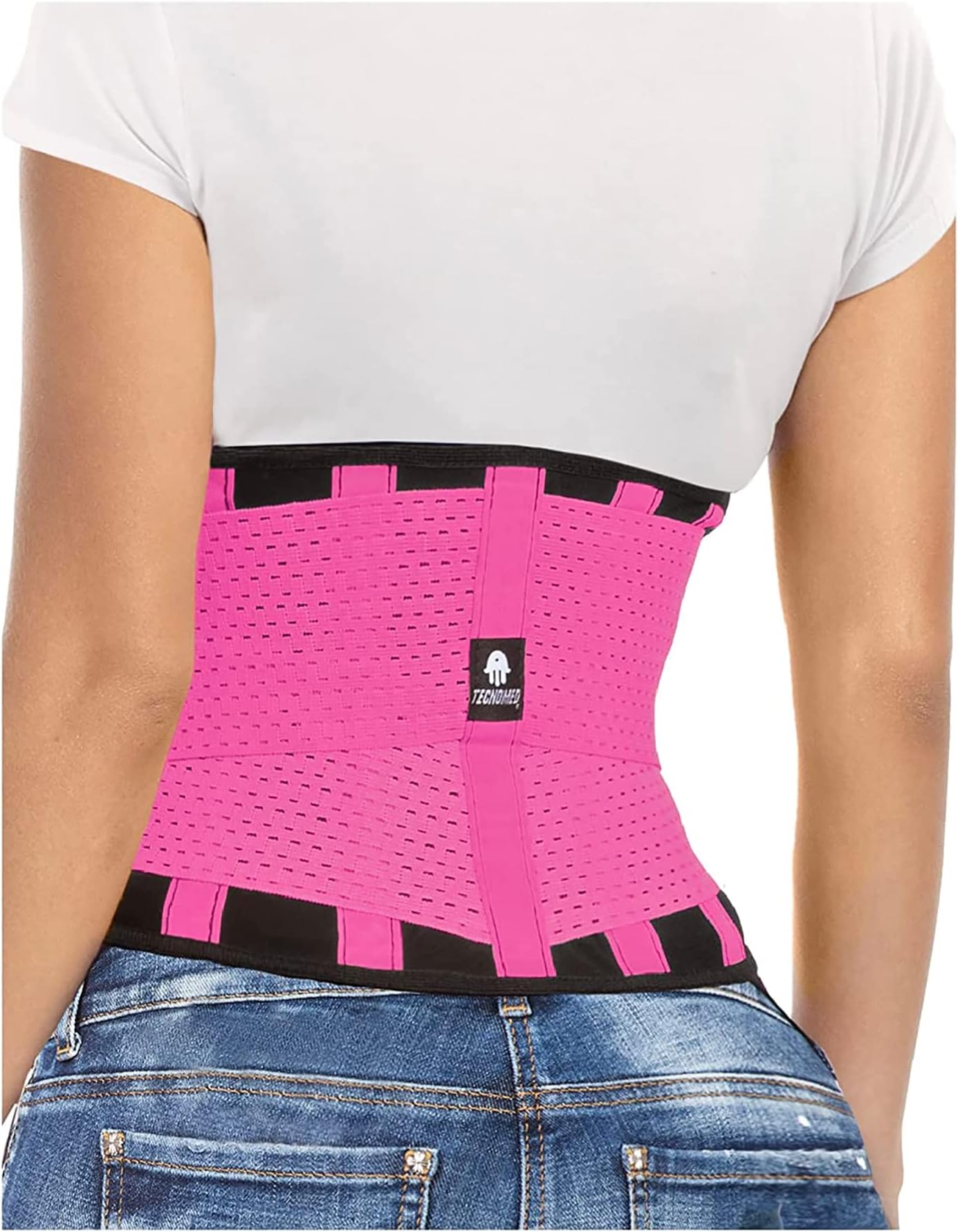 Tecnomed Back Brace For Men & Women - Immediate Relief from Back Pain, Herniated Disc, Sciatica, Scoliosis – Breathable Lower Back Belt For Weight Lifting - Workout - Posture Corrector Pink