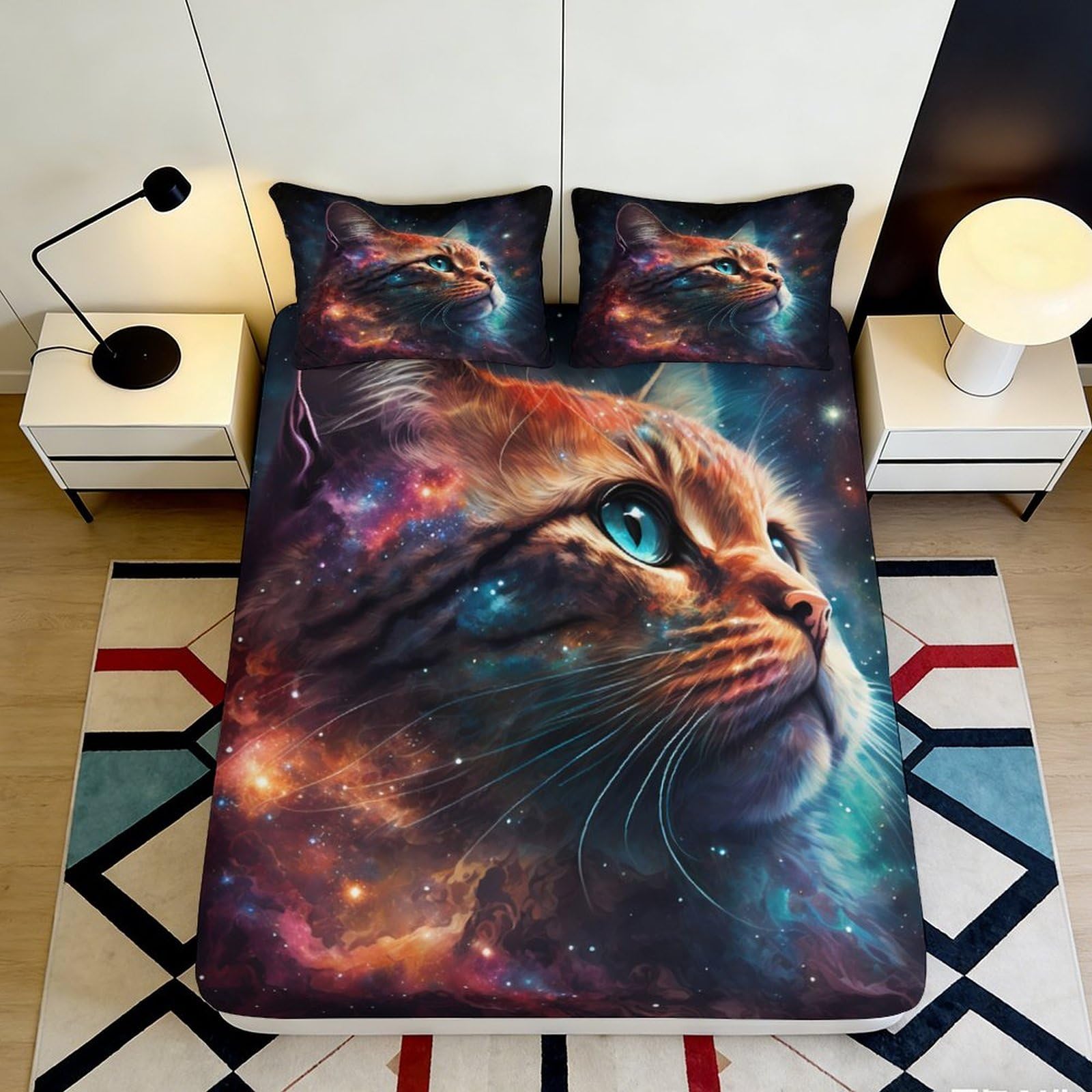 Pnayamiorkfel Style-7 3D Printed Galaxy Cat Fitted Sheet Microfiber Soft Non-Slip Cosmic Nebula Mattress Cover For Bedroom Decor 90X200x25cm