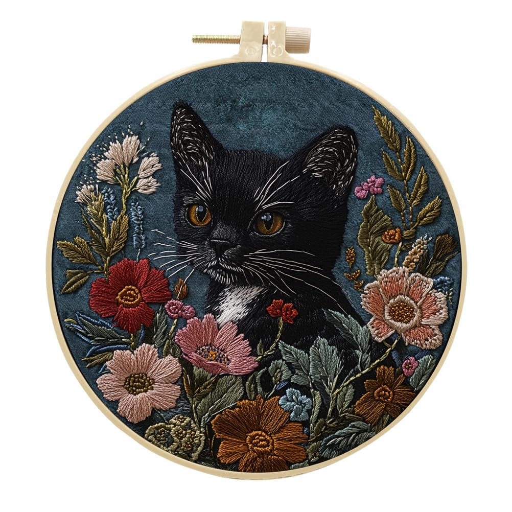 Meecaa Embroidery Kit Starter Set, Hand Embroidery Set, Black Cat Animal Flower Pattern Printed Cross Stitch Set for Beginner Adults, with Embroidery Hoop and Instructions (Cat)