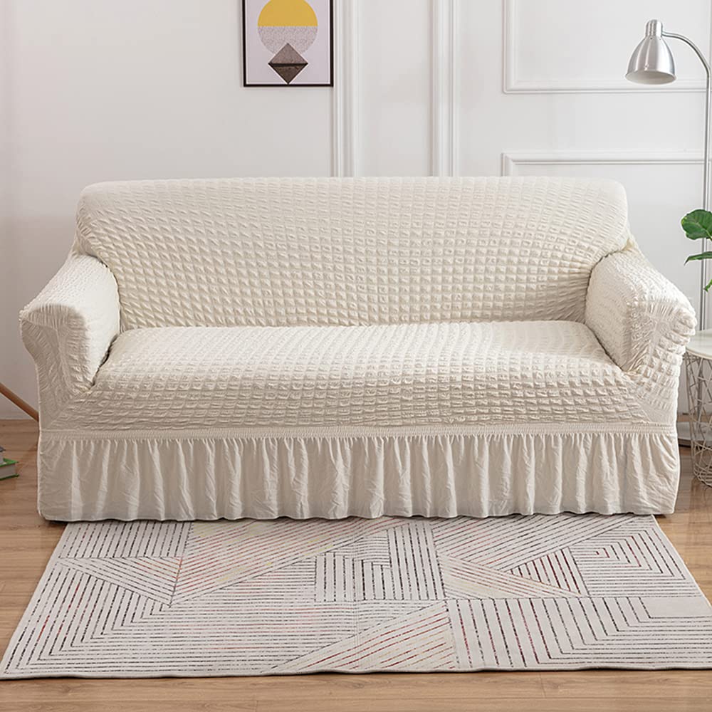 CULOTOL Universal Sofa Slipcover with Skirt, For 1/2/3/4 seater sofa, 1 Piece Washable High Elastic Seersucker Fabric Sofa Cover with Skirt, For Living Room Bed Room (White, 4 seater)