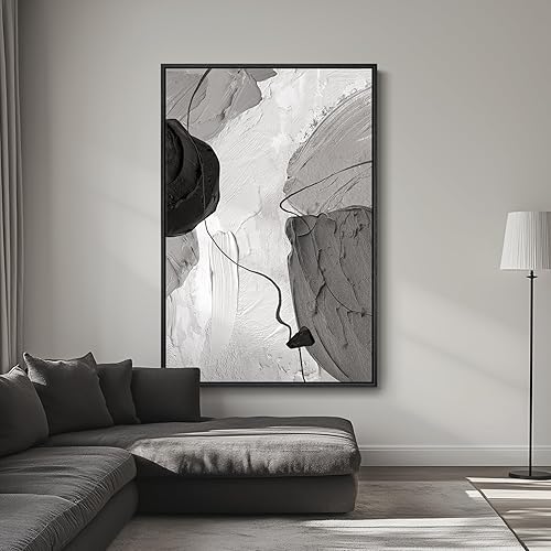 Large Framed Black and White Modern Abstract Vertical Wall Art for Living Room, Canvas Prints Paintings Artwork for Walls, Minimalist Gray Pictures for Hallway Stair Office Wall Decor 40x60 In