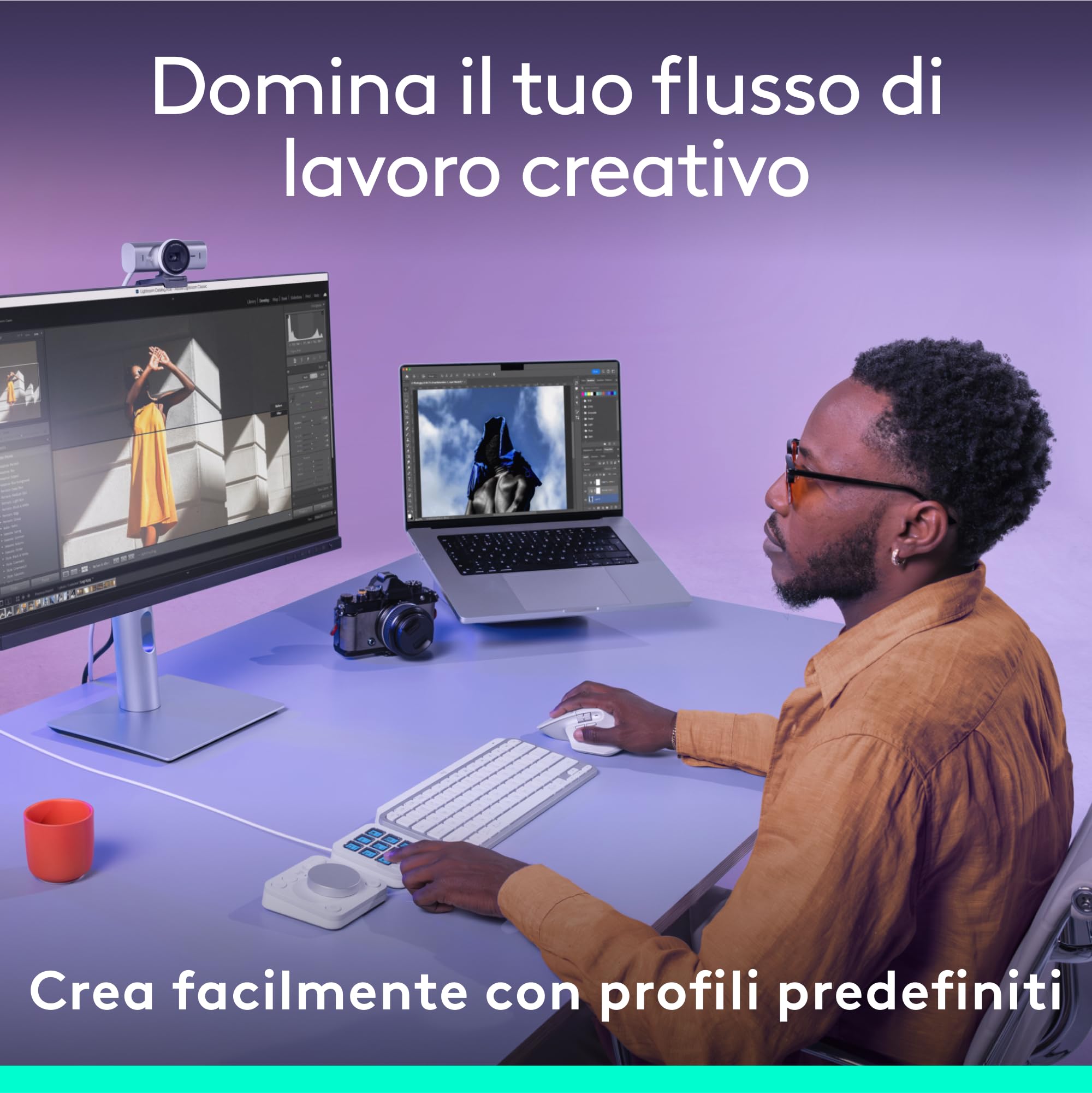Logitech MX Creative Console, keypad programmabile con 9 tasti LCD personalizzabili e manopola di controllo progettazione grafica, montaggio video, fotografia, Adobe, Zoom, Spotify - Grigio Pallido