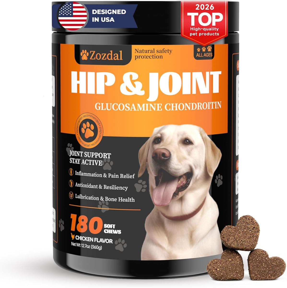 Joint Supplement for Dogs, 180 Chicken Flavor Chews, Glucosamine Chondroitin with MSM, Turmeric & Green Lipped Mussel, for Large Breed & Senior Dogs, Hip & Joint Pain Relief and Health Support