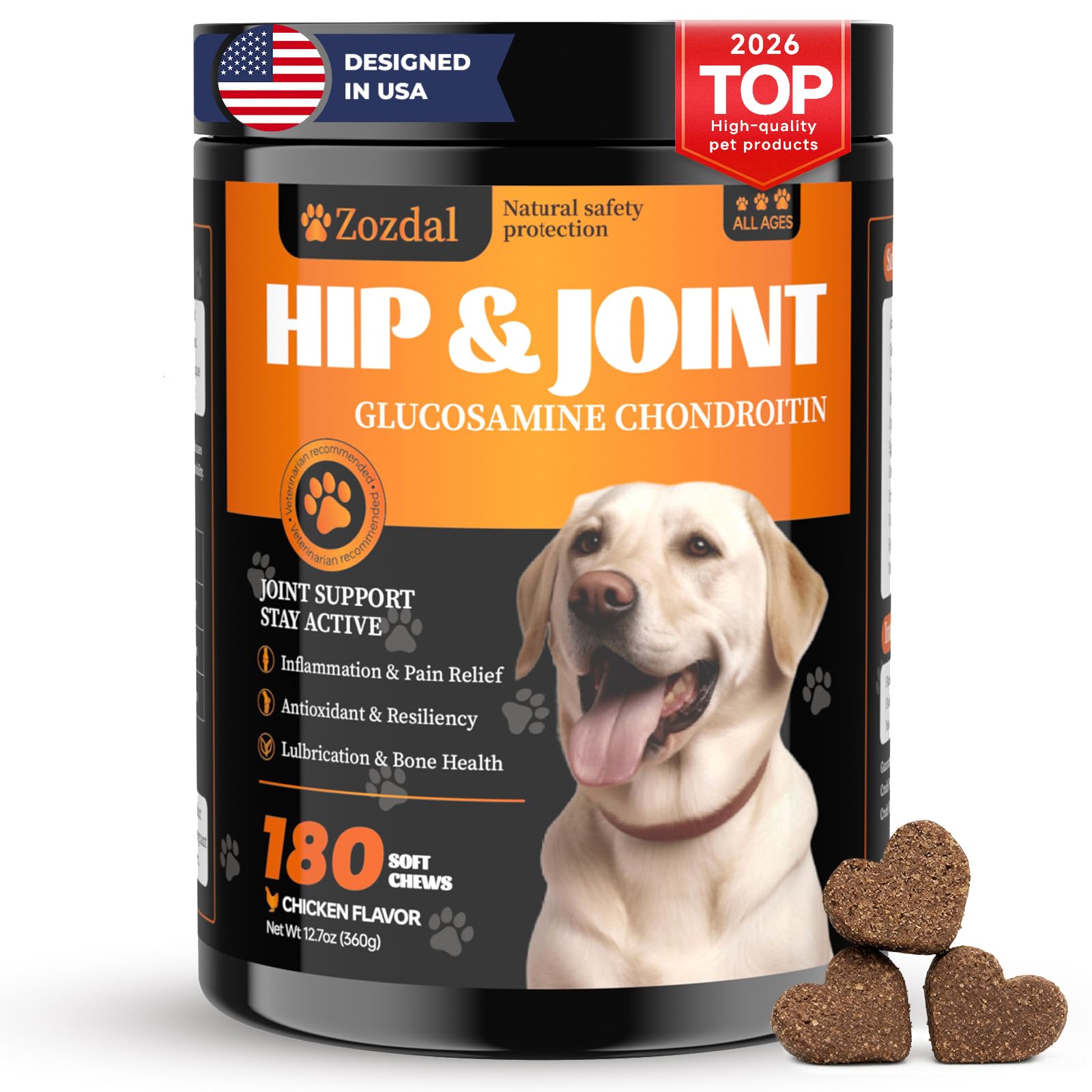 Zozdal Joint Supplement for Dogs, 180 Chicken Flavor Chews, Glucosamine Chondroitin with MSM, Turmeric & Green Lipped Mussel, for Large Breed & Senior Dogs, Hip & Joint Pain Relief and Health Support