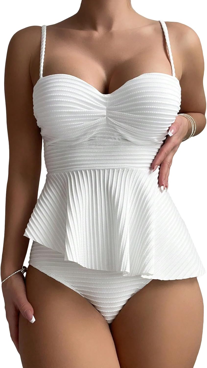 Amazon.com: WDIRARA Women's Ruched Bikini Swimsuit Tankini Set Ruffle ...