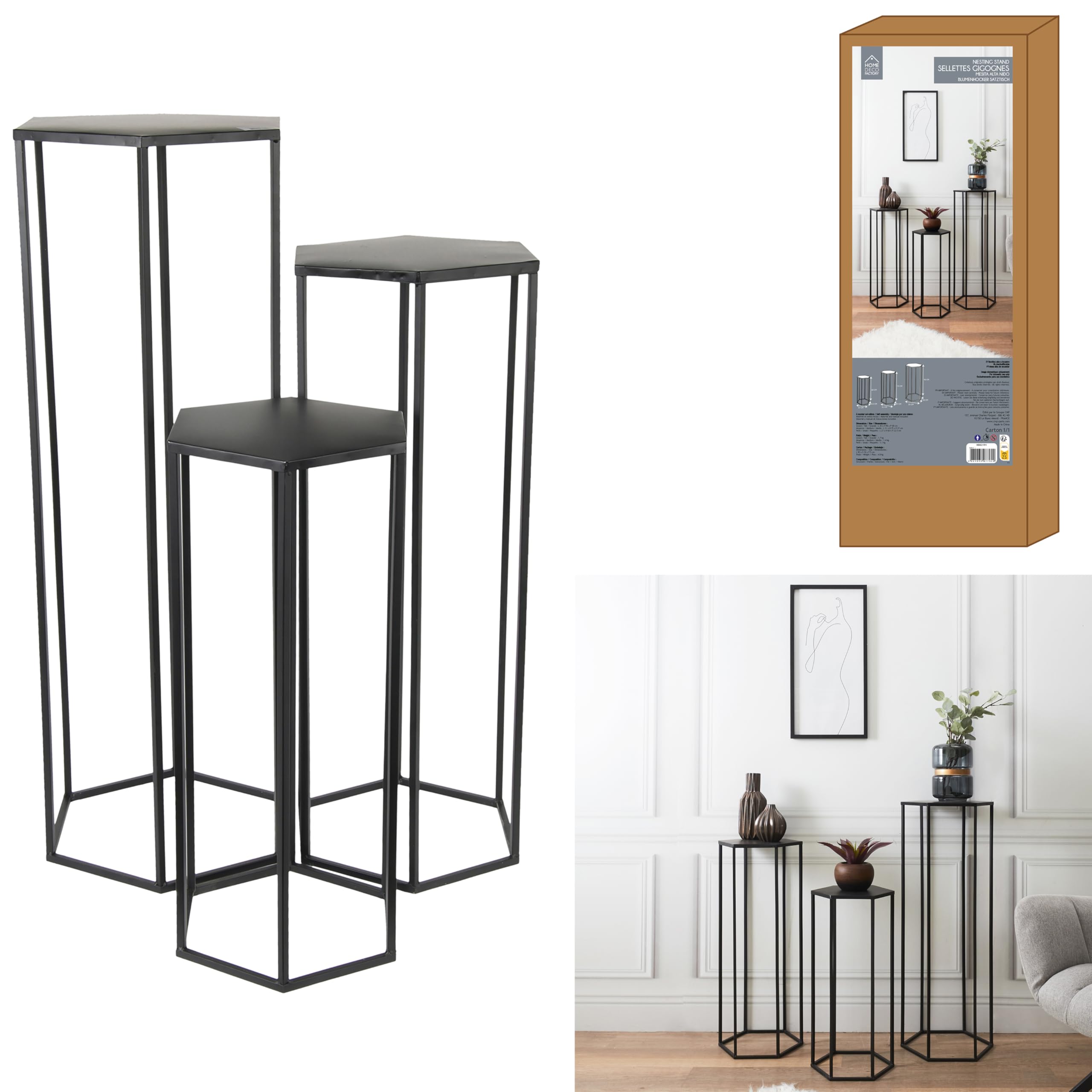 HOME DECO FACTORY - HD62191 Lot de 3 Tables Gigognes en Métal Noir - Design Contemporain - Conçu pour Plantes et Décoration - Dimensions 90 x 35 x 30 cm - 75 x 30 x 26 cm - 60 x 25 x 22 cm | Métal, lot de 3 tables gigognes, design contemporain, supports p