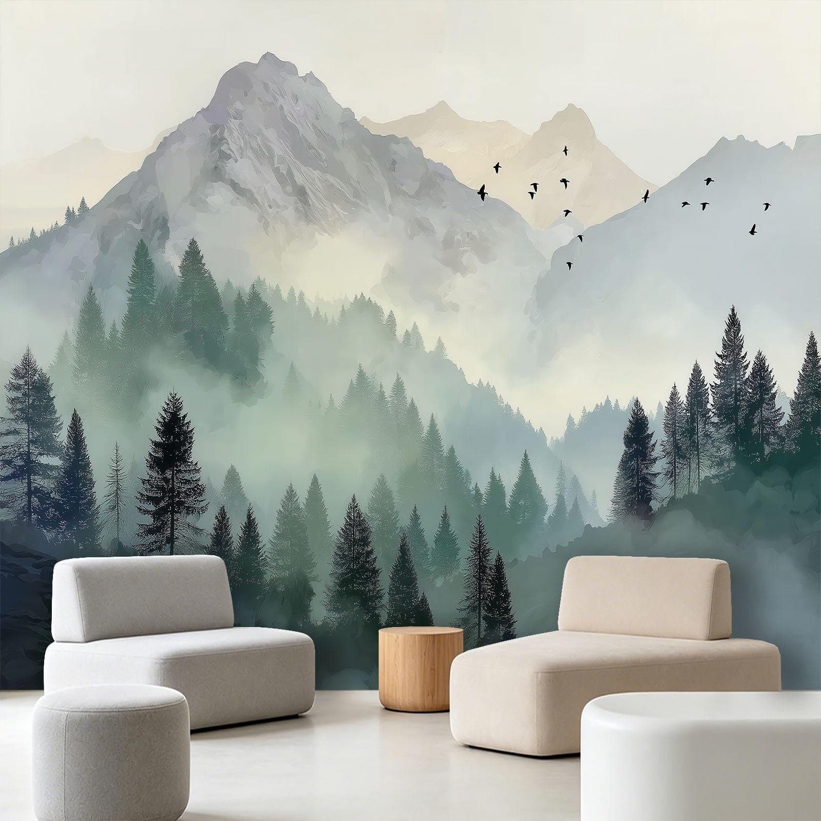 Fototapeta – chiński krajobraz, las, mgła 200 x 140 cm, tapeta na ścianę, tapeta z włókniny, dekoracja ścienna, tapeta ścienna do sypialni, salonu – szczyt górski, drzewa, ptaki, niebo