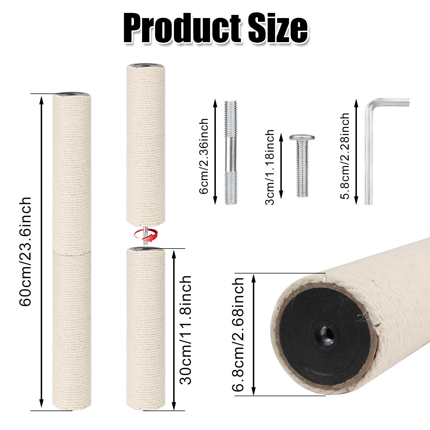 4pcs 11.8in Cat Scratching Post Replacement, Cat Tree & Tower Refill Scratch Pole Parts with M8 Install Screws Sisal Rope Kitten Furniture Protector (White) - Image 2