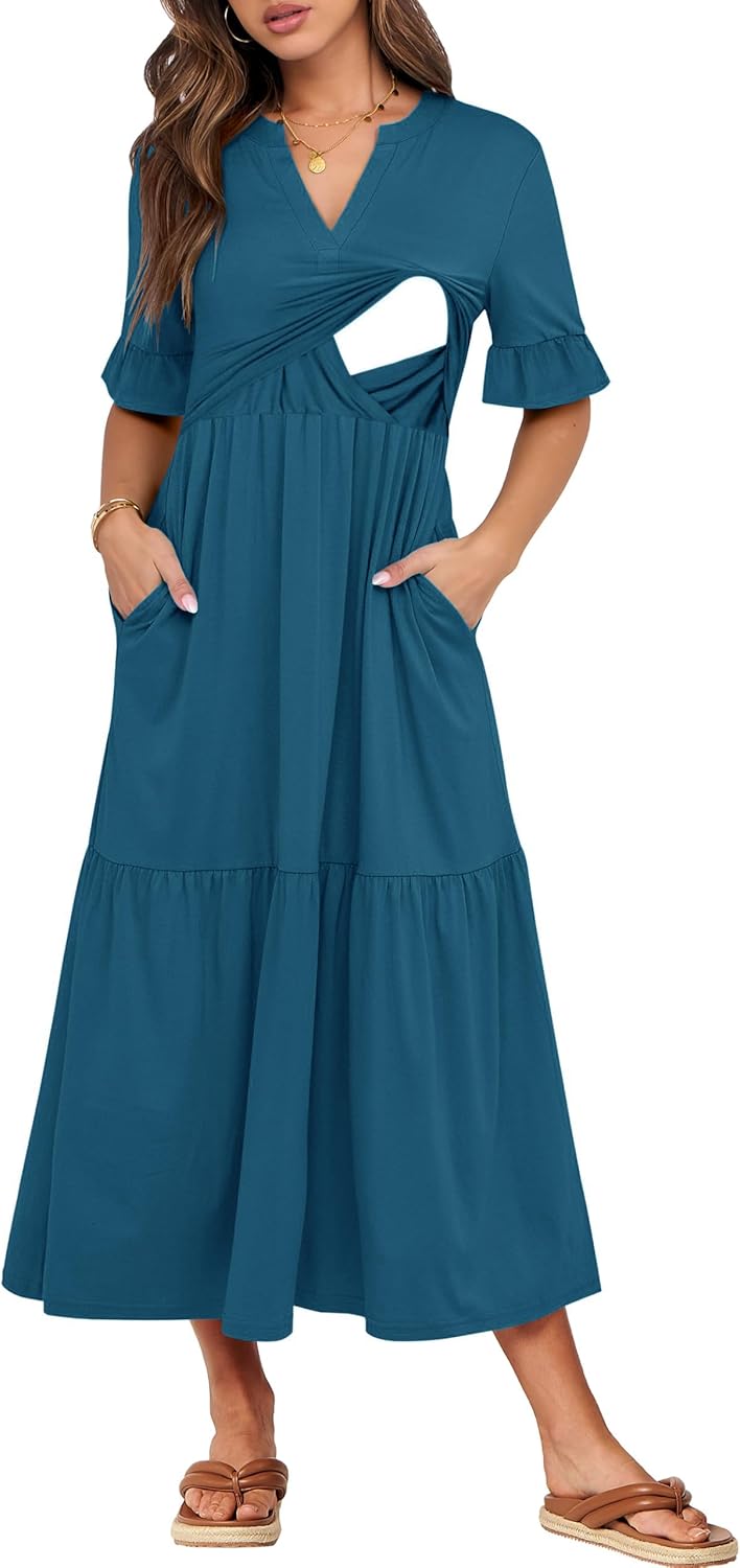 CzzzyL Womens Nursing Summer Maxi Dresses Ruffle Short Sleeve V Neck Tiered T Shirts Dress with Pockets