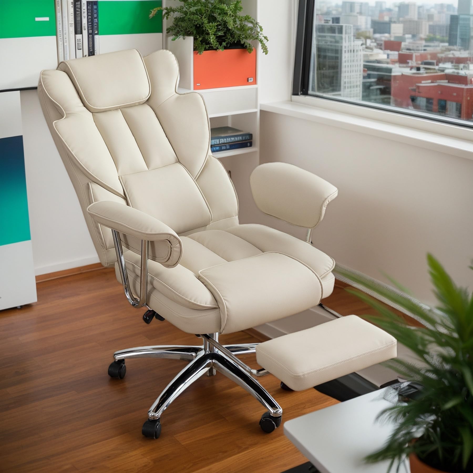 Big and Tall Ergonomic Office Chair with Footrest, PU Leather Reclining Executive Chair, Adjustable Height, Lumbar Support, High Back Computer Desk