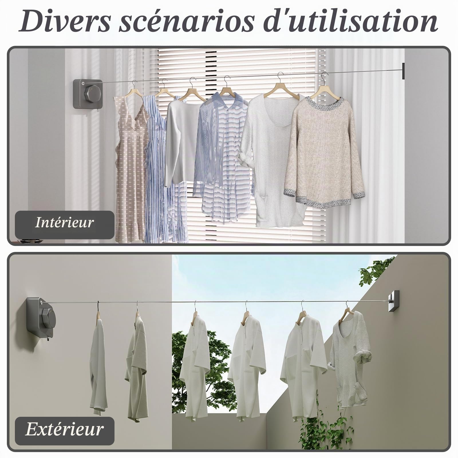 Séchoir Extensible INOX 4,2m - Anti-Affaissement & Auto-Rétractable - Support 20kg - Installation Murale (Salle de Bain/Balcon/Buanderie) -Gris