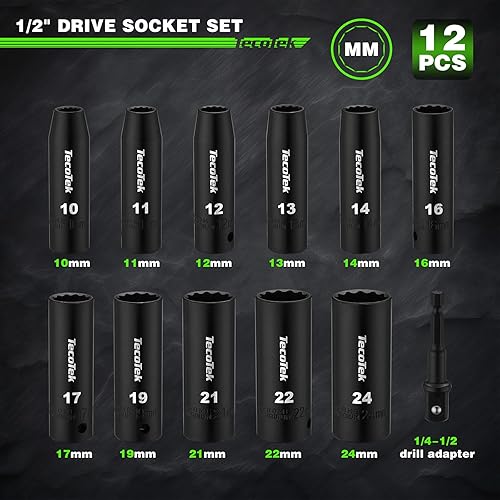 Miniatura 10 de Juego de llaves de vaso métricas de impacto de 12 puntos, 12 pulgadas, 15 piezas, Cr-V, 0.433 in a 1.260 in, adaptador de enchufe de taladro de 12