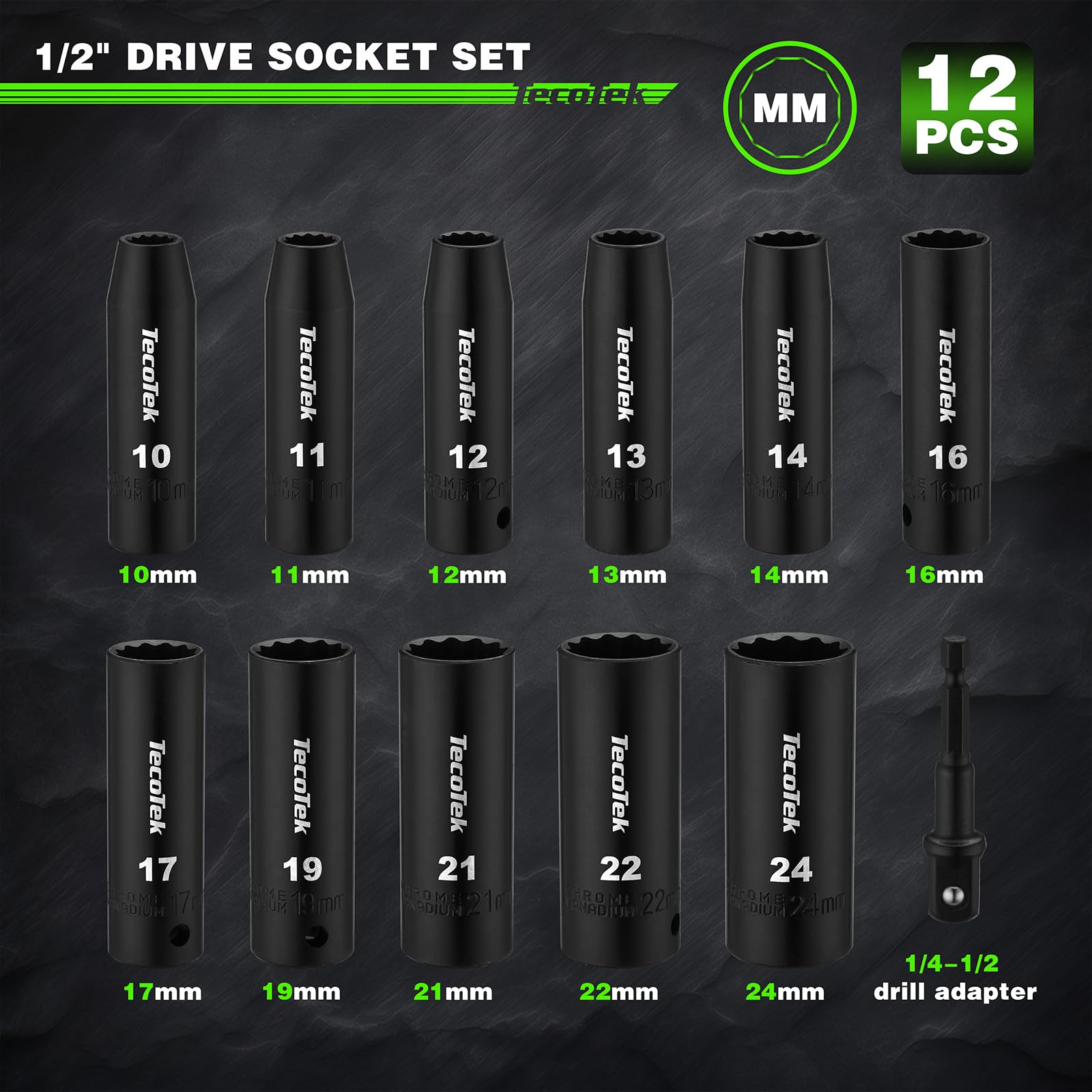 TecoTek Juego de 12 llaves de vaso de impacto métricas de 1/2 pulgada de profundidad de 12 puntos, Cr-V, 10 mm a 24 mm, adaptador de enchufe de taladro de 1/2 pulgada