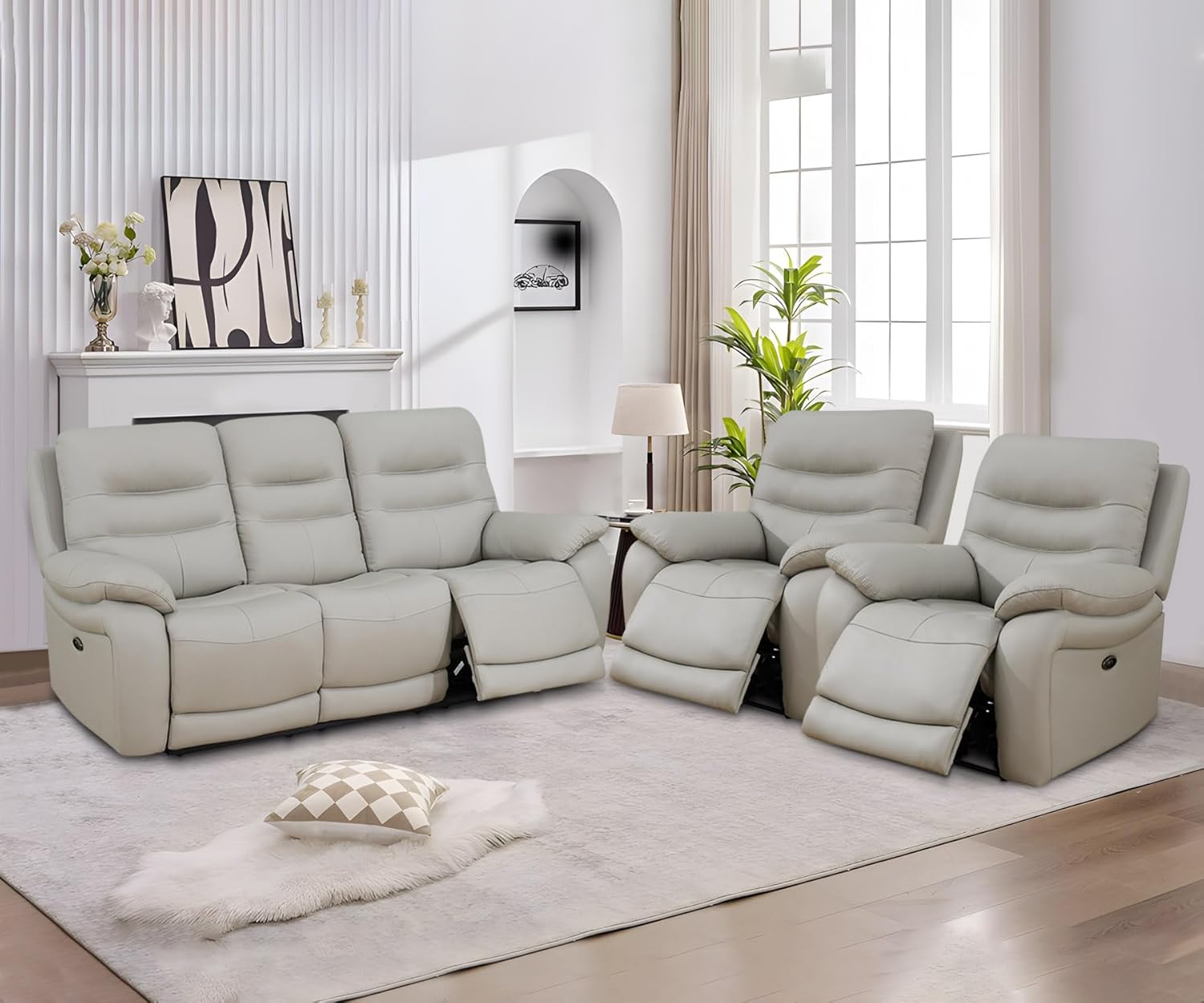 Genuine Leather Power Recliner Sofa Set, Living Room Furniture Set with USB Charging, Power Reclining Sofa Set with Cup Holders (Couch and Recliner Set, Light Grey)