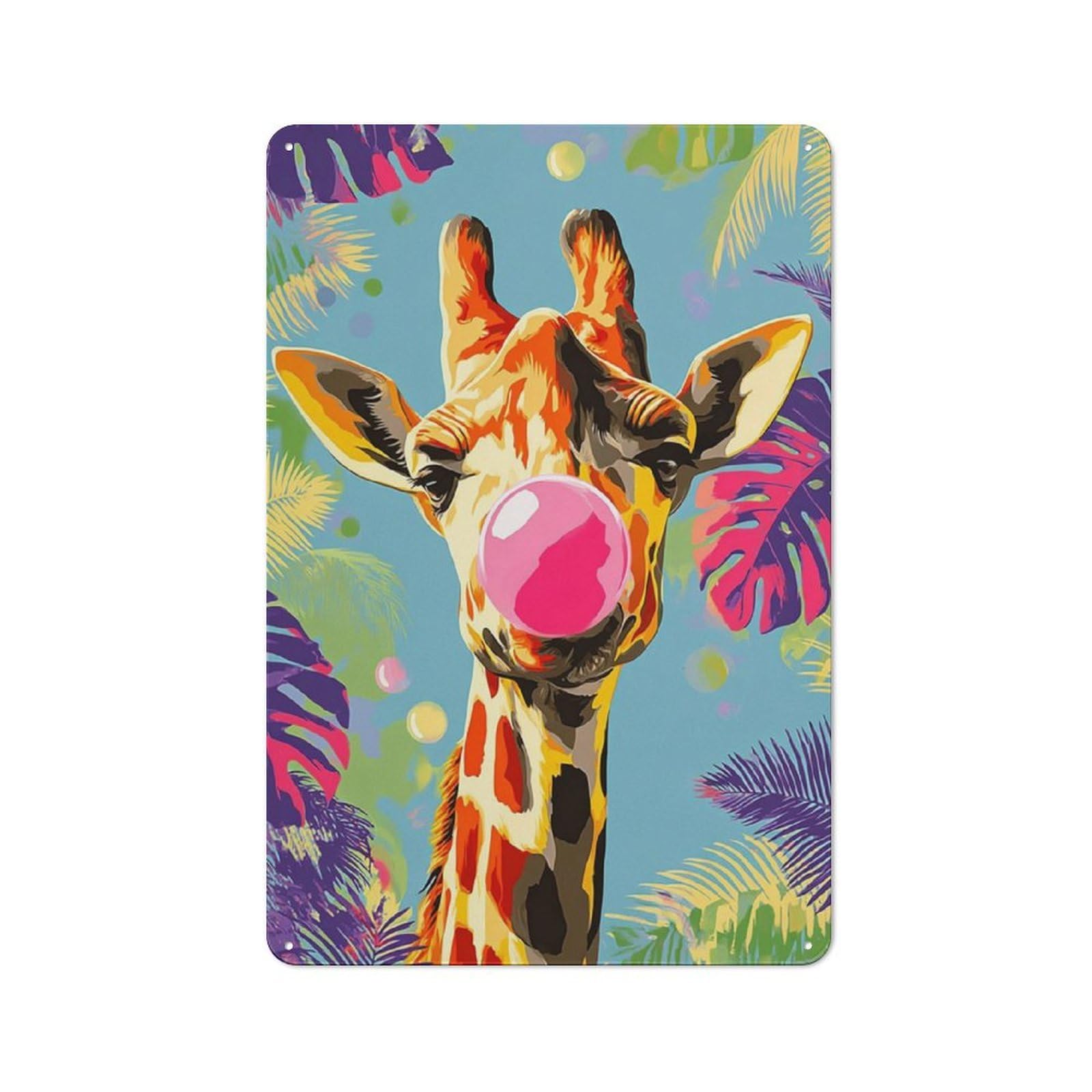 Junmoney Giraffe Blowing Bubble In Tropical Paradise Classic Metal Plaque 30X20cm Featuring Bistro Wall Plaque For Kitchen, Cafe, Pantry Or Dining Room