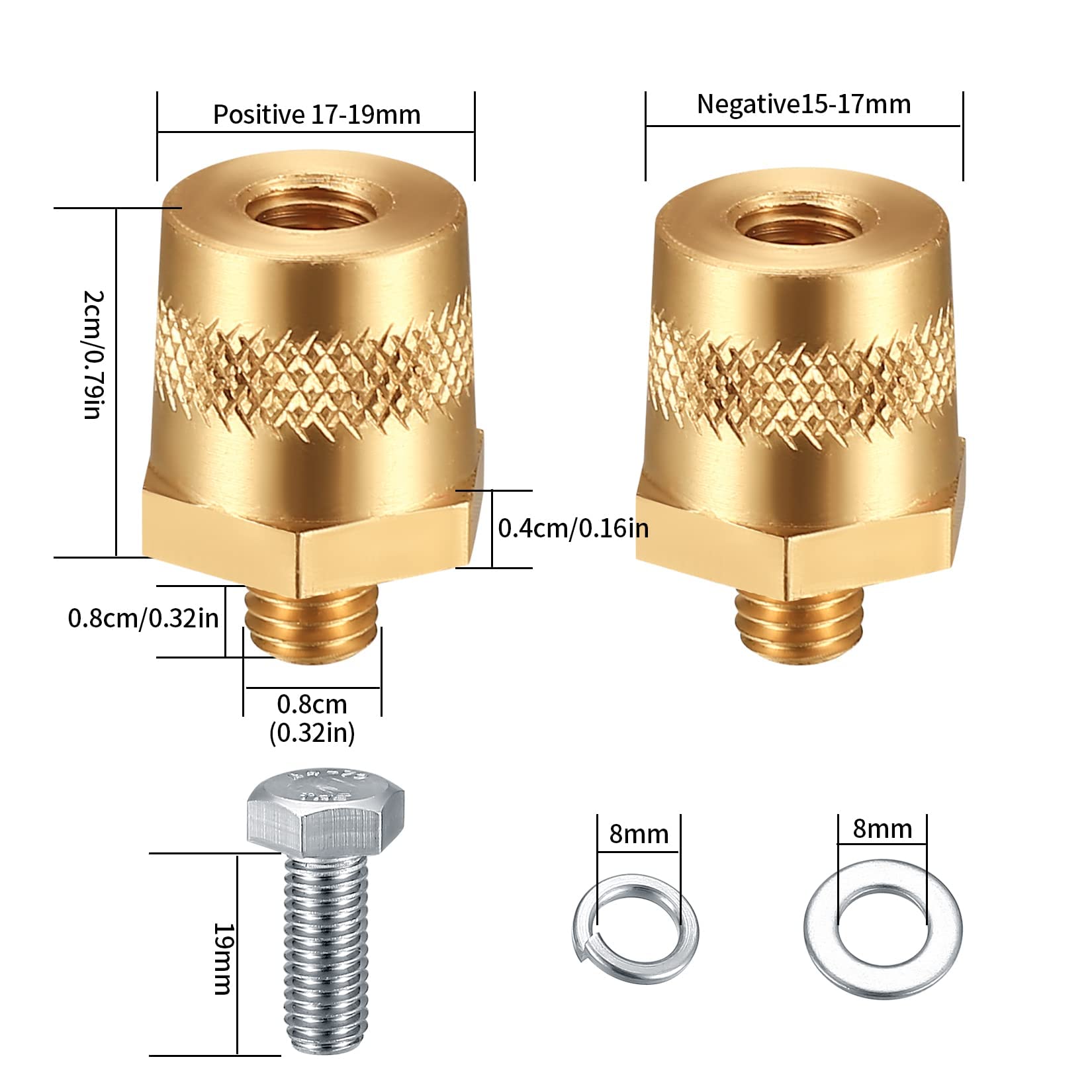 M8 Accupooladapter – Accuklemmen Paar Positief/negatief Met Buitendraad En RVS Schroeven, Messing, Goudkleurig