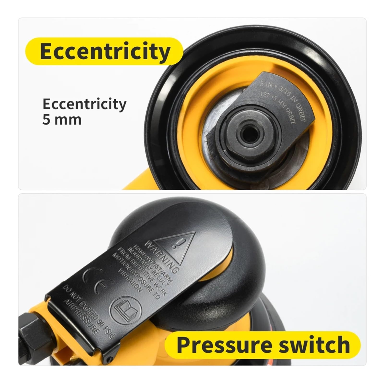 LIJADORA Orbital neumática de 5 pulgadas/6 pulgadas, pulidora de aire de 125mm/150mm, máquina rectificadora excéntrica de 5mm con aspiradora de aire Uso multipropósito(5inch no Vacuum)