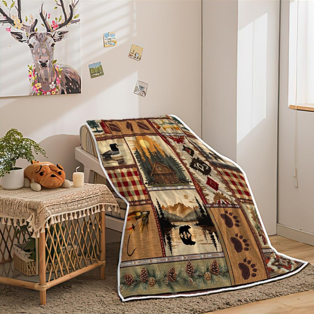 Rustic Cabin Blanket, Rustic Lodge Flannel Throw Blankets Bear Deer Country Hunting Wild Animal Cozy Warm Bed Couch Blanket, Rustic Farmhouse Bear Flannel Throws for Bed Couch, 50"X70", Brown - Image 3
