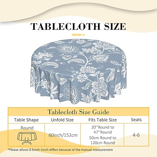 Miniatura 4 de Mantel redondo de flores trepadoras blancas de 60 pulgadas, fondo azul, impermeable, mantel redondo de poliéster para picnic al aire libre,