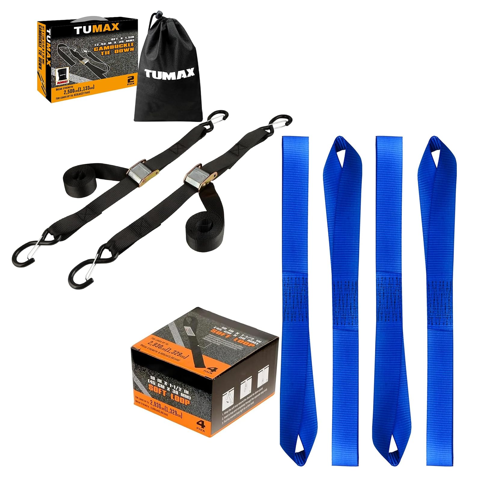 Tie Down Strap Cambuckle Strap - 2500lbs Break Strength, 1.5 in x 8ft Cargo Straps with Safety S-Hook + 4pk 1.5 x 18 inches Soft Loops