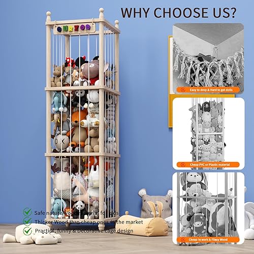 Miniatura 4 de Organizador de Almacenamiento de Juguetes de Madera para Animales de Peluche, Diseño Mejorado de Puf Hamaca de Animales de Peluche Red de Peluches,