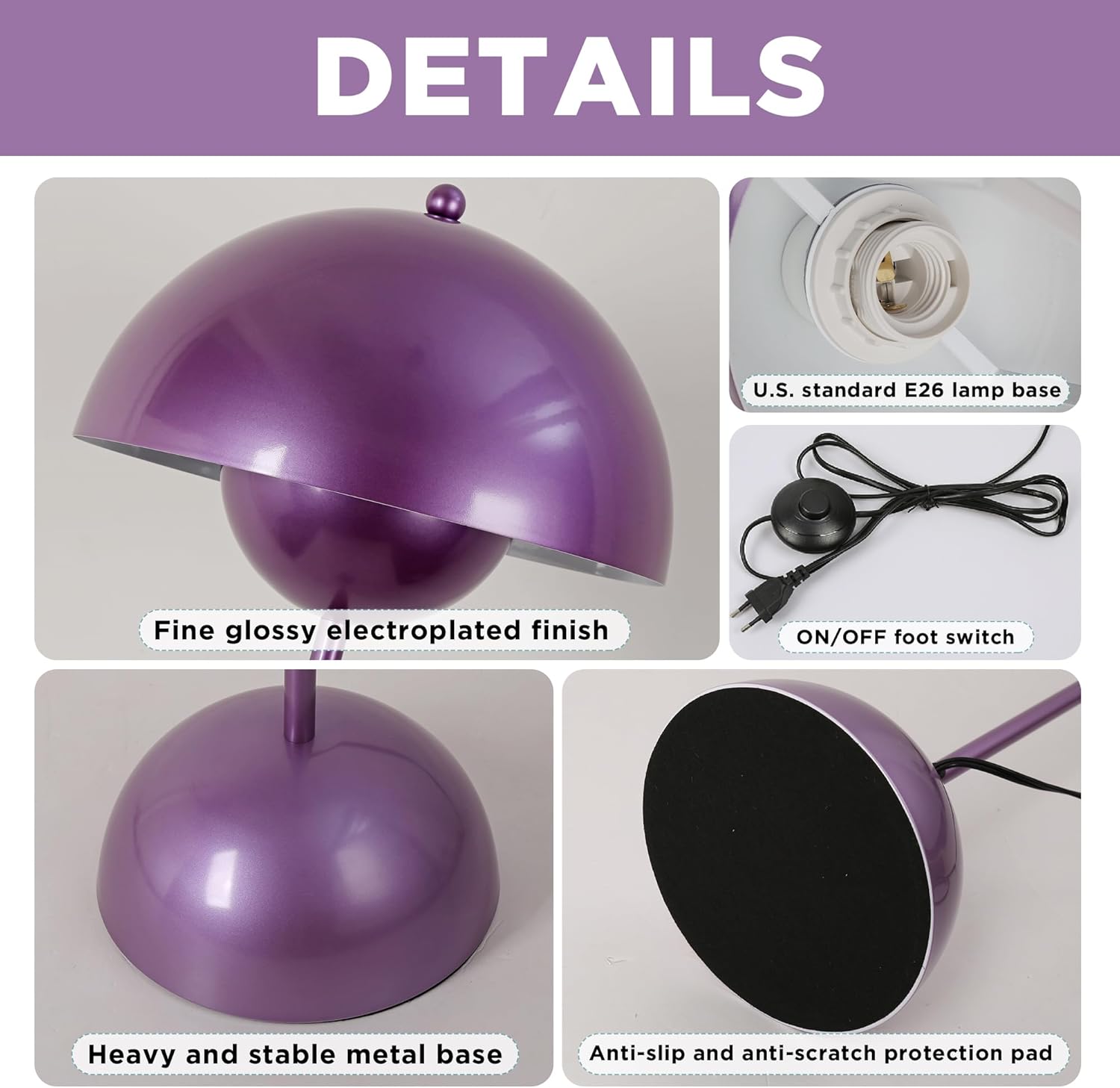 SUNLLOK Flower Pot Floor Lamp for Living Room, Metal Dome Lampshade Standing Floor Lamp with Foot Switch, Modern Reading Floor Light Fixture for Kitchen Island, Bedroom, Restaurant (Purple)