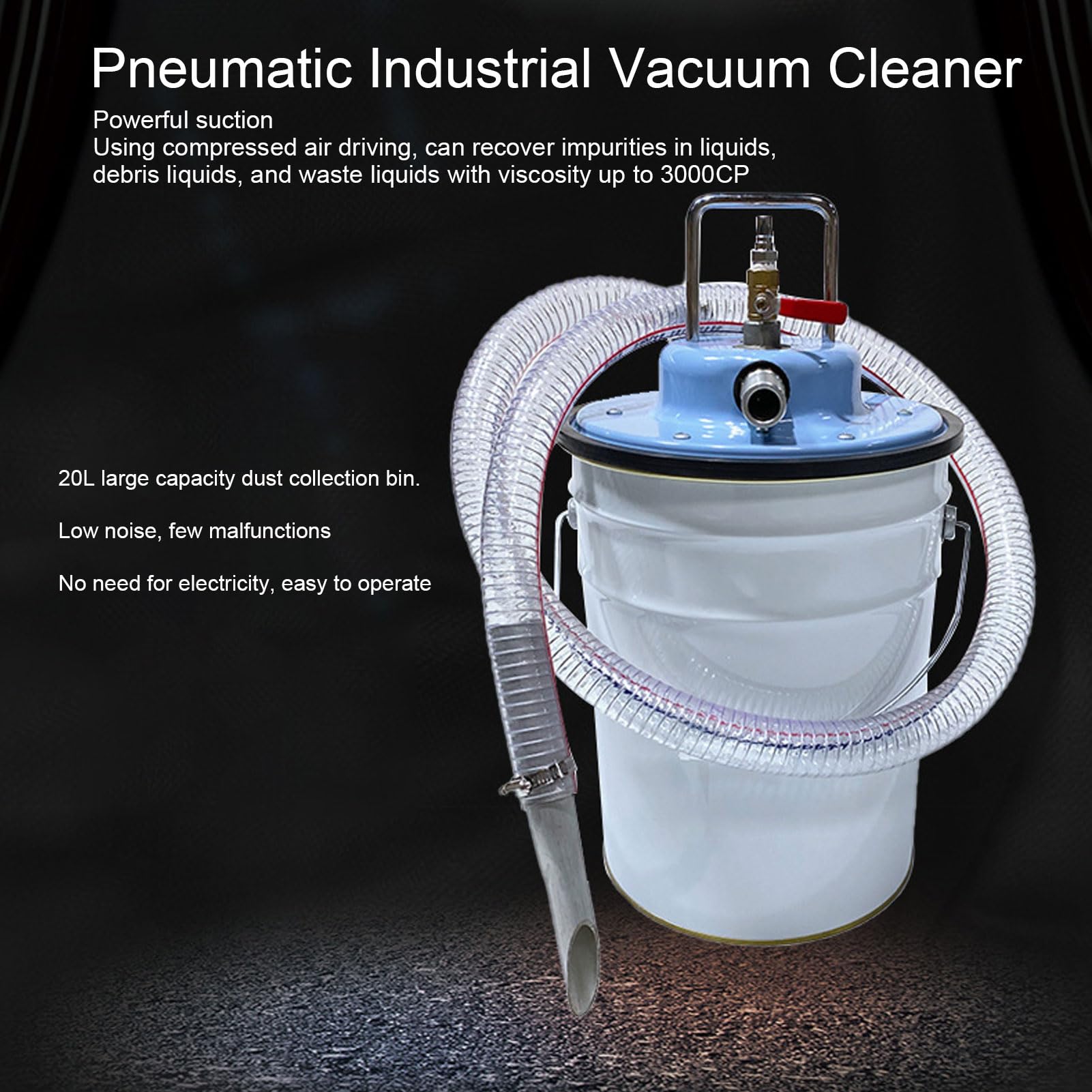 Aspiradora Industrial Neumática Aspiradora en Seco y Húmedo de Acero Inoxidable 20L con Aire Comprimido 0,63 MPa No Se Necesita Electricidad para el Piso de la Fábrica del Taller del Automóvil