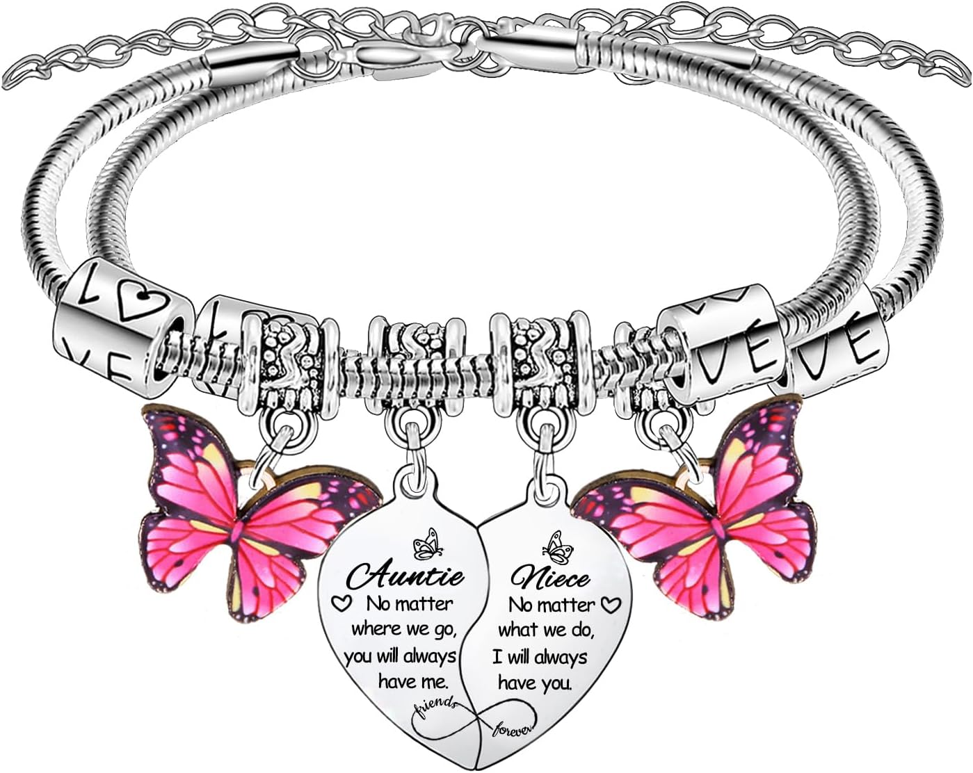 BESPMOSP 2PCs Auntie Niece Heart Matching Bracelet for Women Aunt Gifts from Niece Birthday Gifts for Auntie Bracelet Butterfly Charm Bracelet Jewelry Gifts