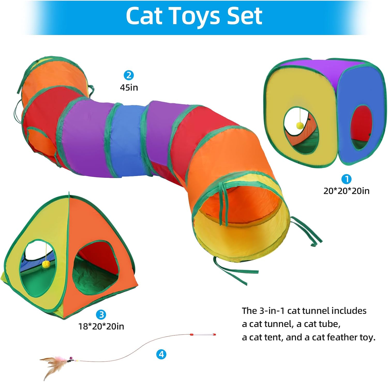 Cat Tunnels for Indoor Cats with Tent Cube and Feather Toy Collapsible Combo, Pop Up Cat Play Tunnel with Interactive Cat Toy Ball for Kitten, Ferret, Puppy, Guinea Pig, Rabbit, Bunny, Multicolour
