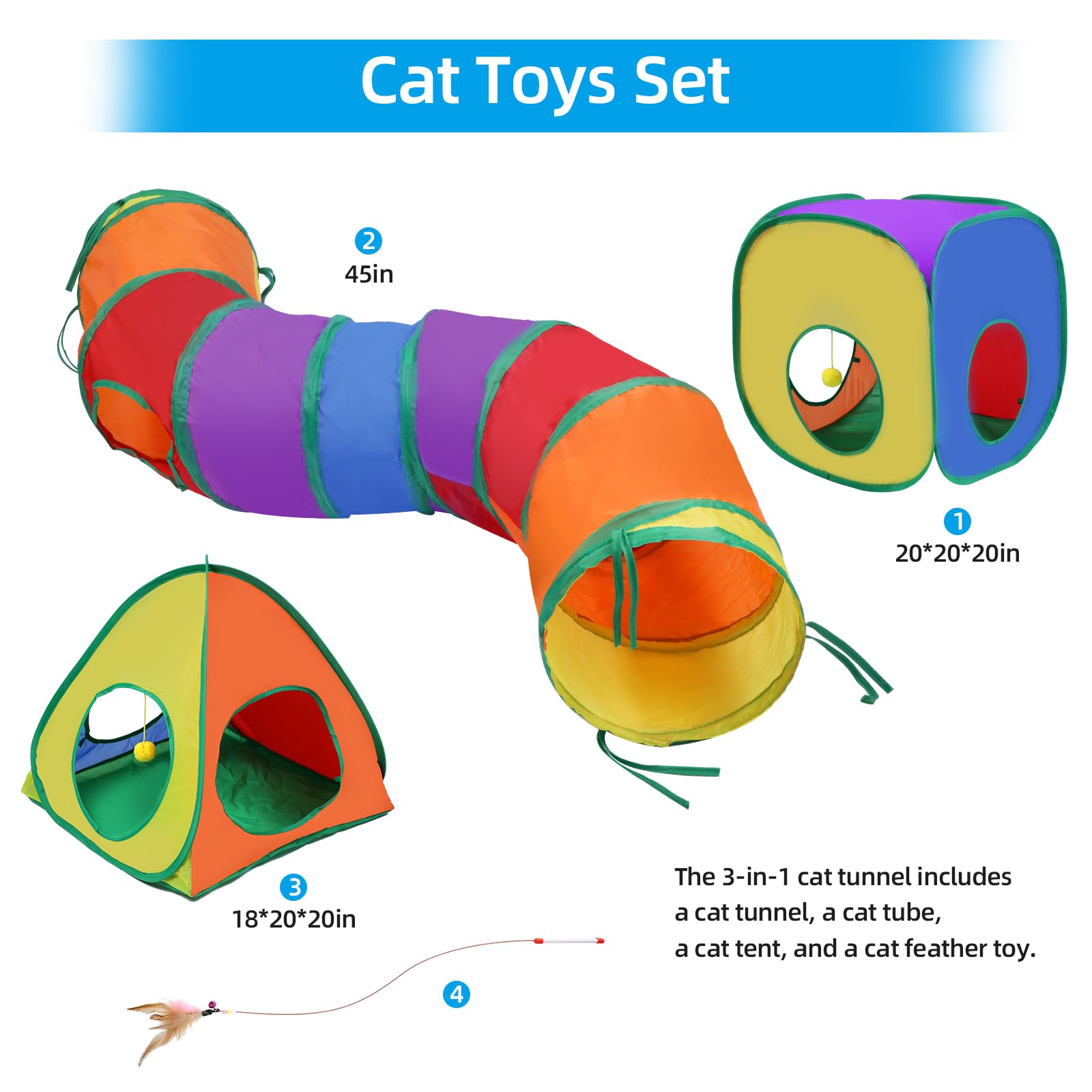 Túneles para gatos de interior, tienda de campaña para gatos, cubo para gatos y plumas, combo plegable, con bola de juguete interactiva para gatos, juego de juguetes para gatos de interior, hurón,