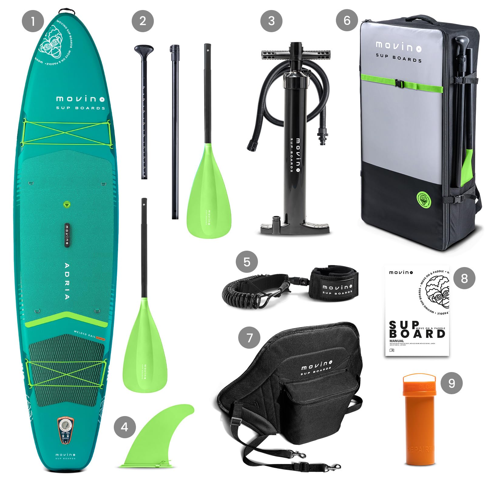 Movino Paddle Gonflable Adulte - 2in1 Sup Kayak - Jusqu’à 165 kg - avec Pagaie - 350 x 83 x 15 cm - Planche de Stand Up Paddle Adria 11’6"