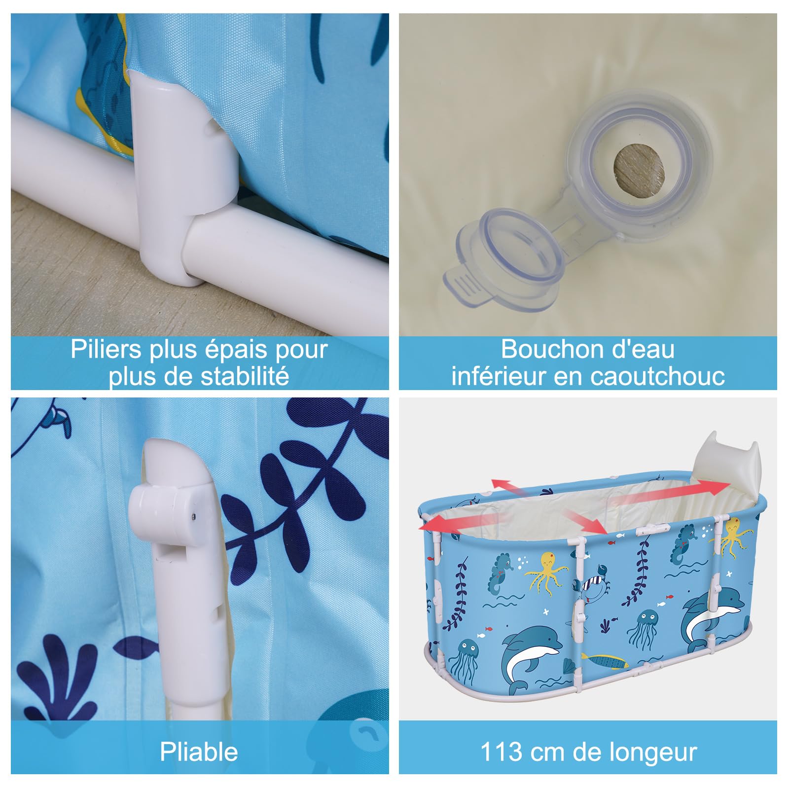 Baignoire Pliable Adulte - Pas Besoin d'Installation, Antidérapant, Pliage Facile - Pour Petite Salle de Bain, Douche, SPA - Avec Tubes en T Épais - 113x65x48cm (Bleu Clair)