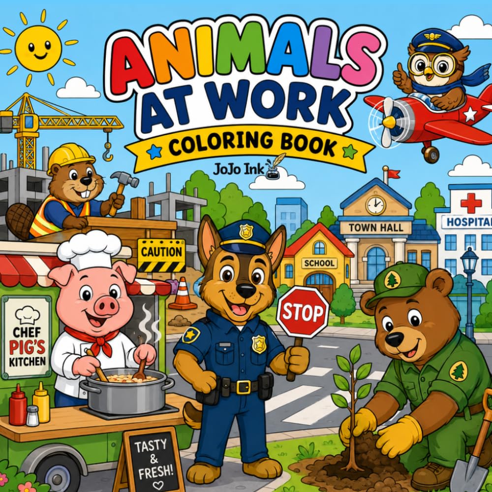 Animals at Work Coloring Book: Cartoon Animals | Careers, Community, & Fun | 8.5x8.5 inches, 41 Pages | 40 Colorable Images