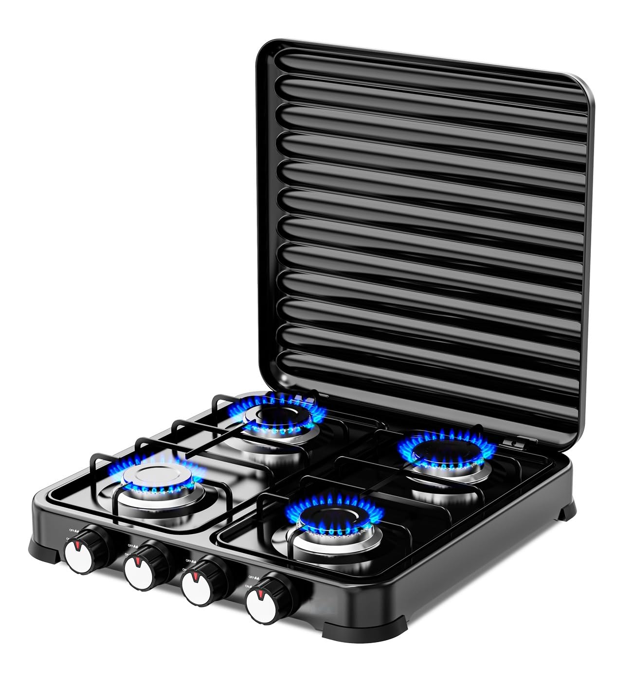 Cocina de Gas portátil de 4 fuego con parrilla, Apta para butano y propano, Tapa protectora extraíble, Ideal para camping, Ocupa poco espacio