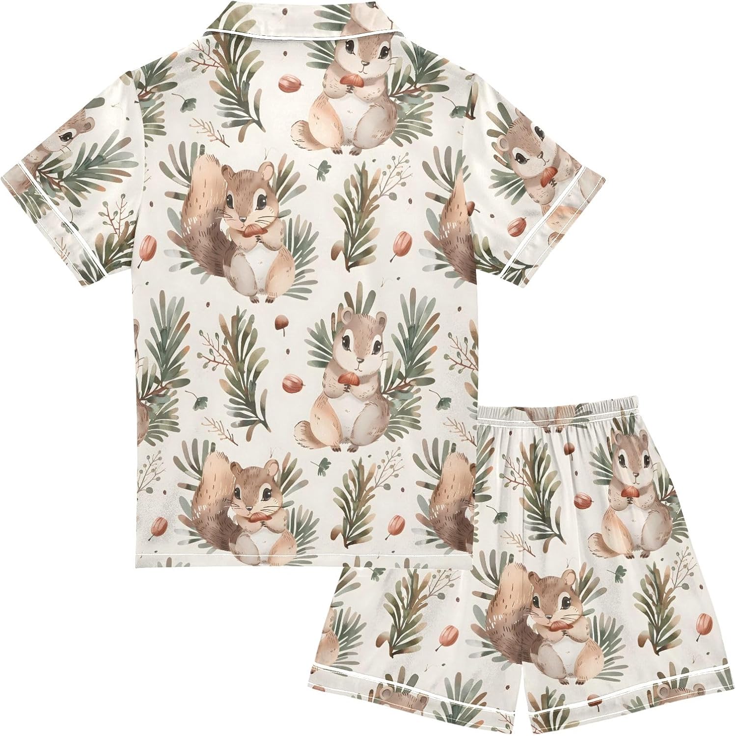Kids Casual Satin Wear Set Cute Cartoon Squirrel and Pine Nut Unisex Short Sleeve Clothing for Relaxing