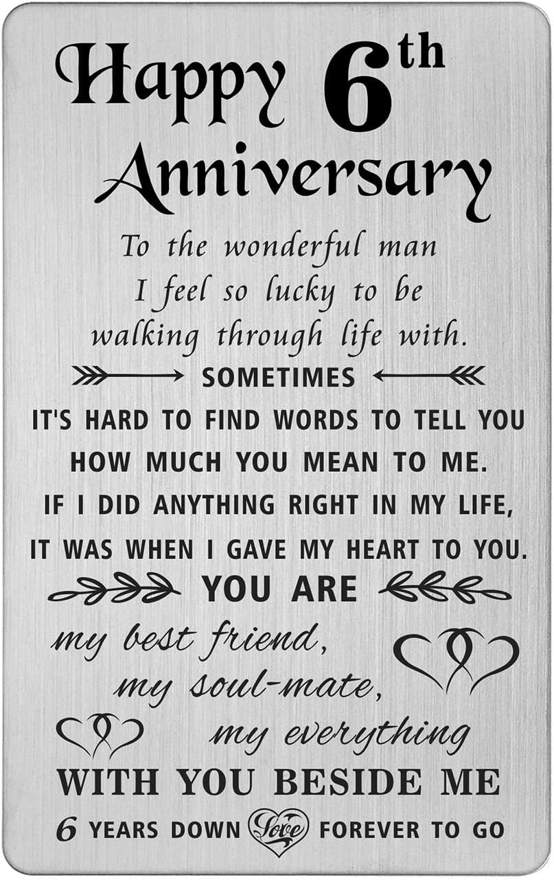 TANWIH 6 Year Anniversary Card Gifts for Him, Iron Gifts for 6th Anniversary for Men, 6th Year Wedding Iron Card for Husband, Engraved Metal Wallet Insert