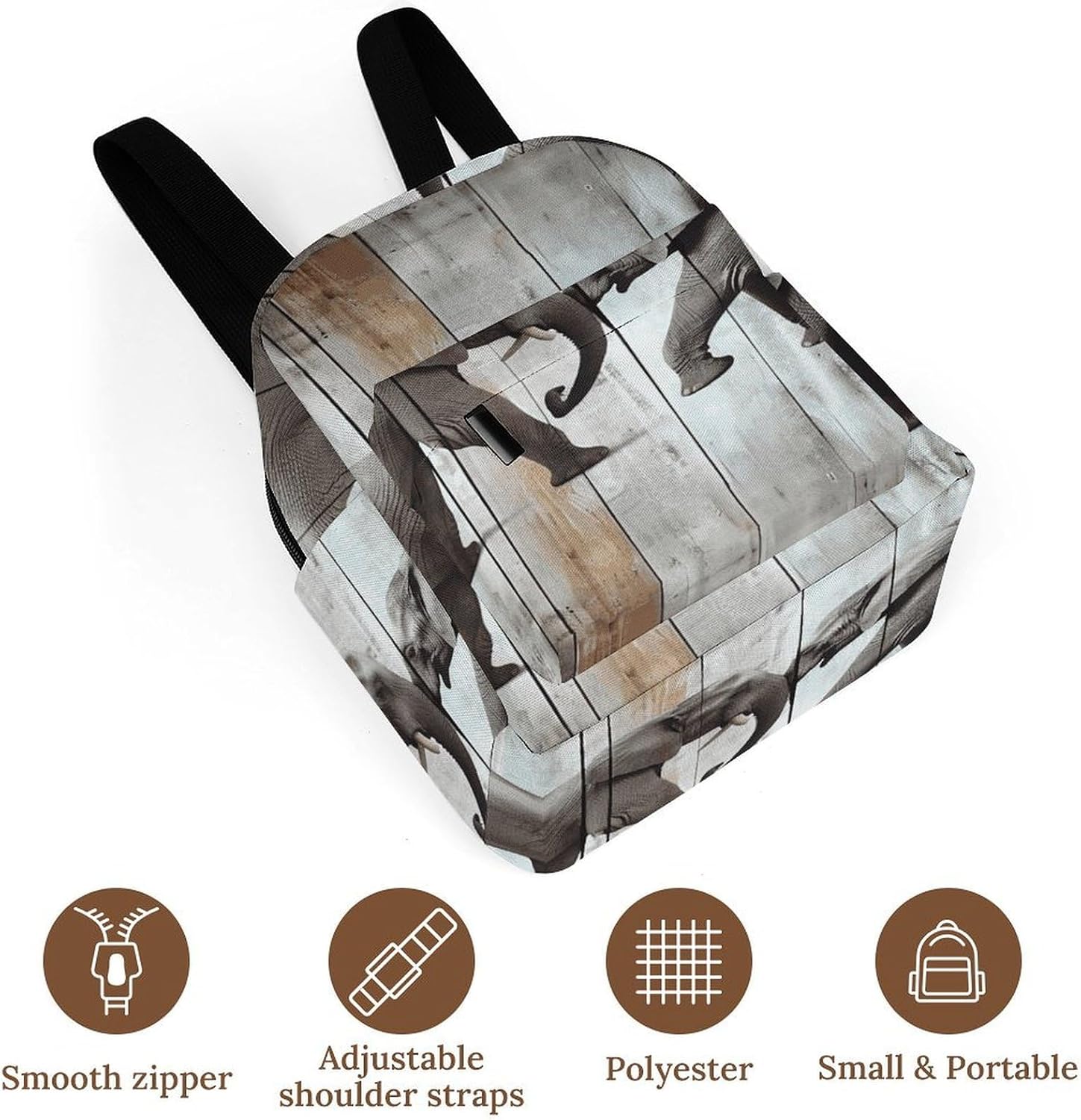 Elephant on Wood Mini Backpack Purse for Women | Waterproof durable oxford cloth casual daypack, lightweight small rucksack for work travel outdoor camping daily use & gift