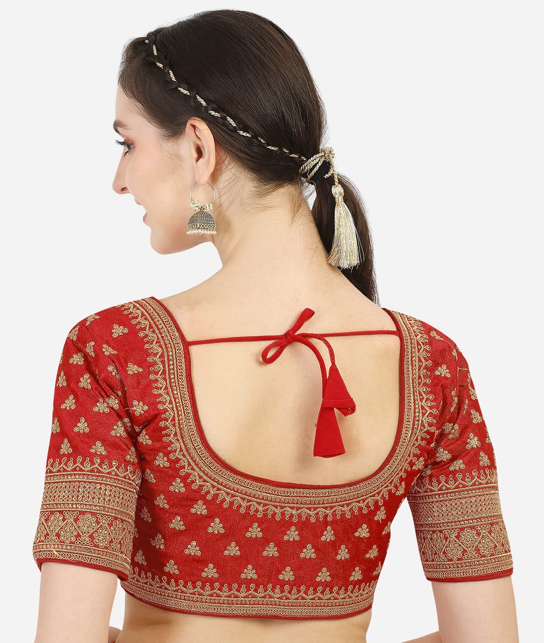 Pujia Mills Women's Silk Embroidery Sequins Work Readymade Saree Blouse (Rose_Red_38)