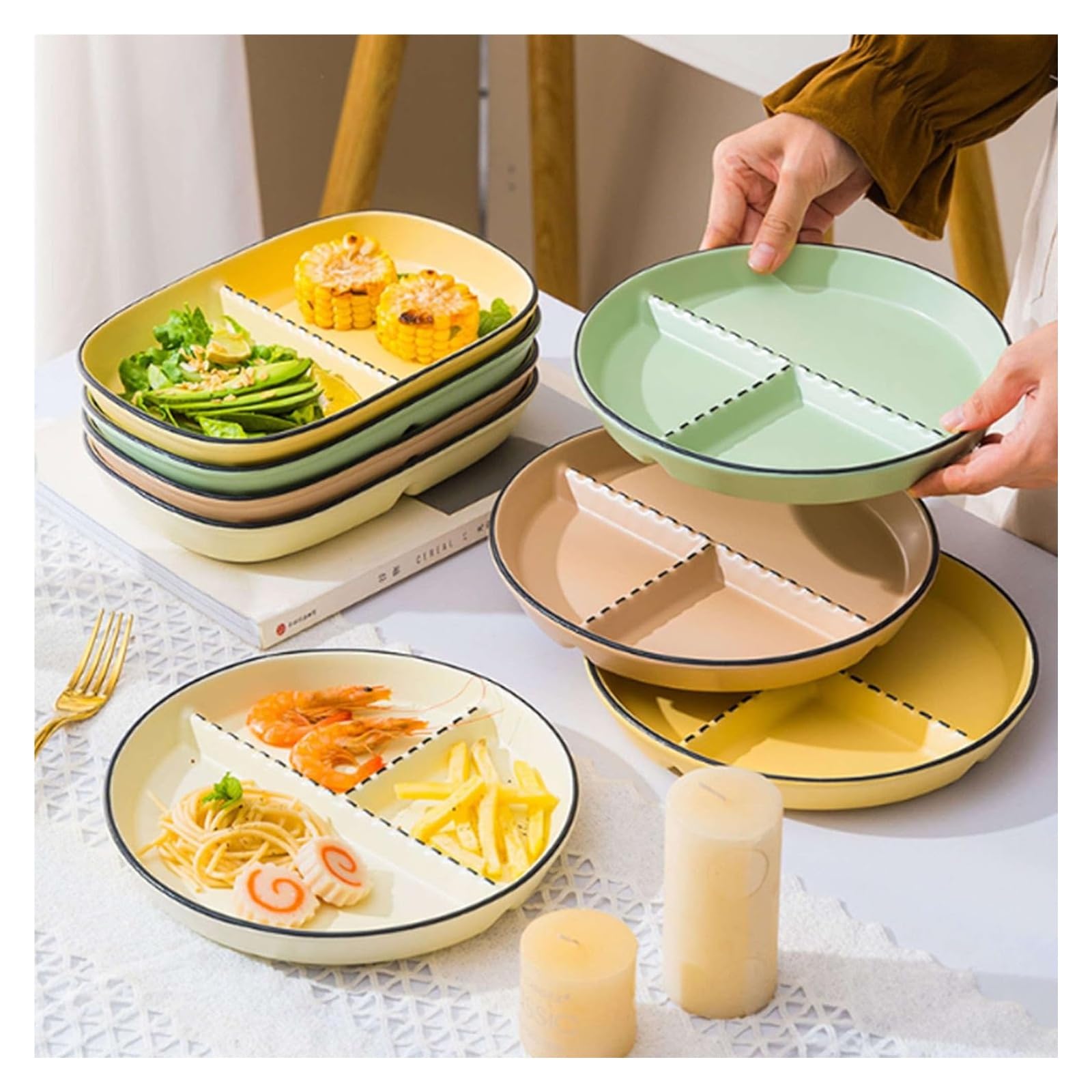 Assiettes plates rectangulaires en céramique avec compartiments pour adultes Vert