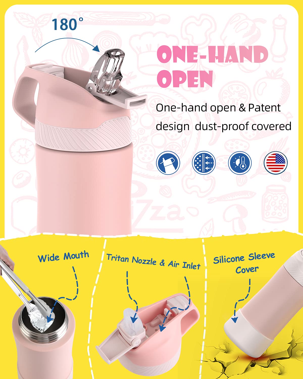 FEIJIAN Borraccia Bambini acciaio inox con cannuccia, Senza BPA- Thermos 400ml, senza Perdite Bottiglia Termica - Caldo/Freddo, Bottiglia Acqua riutilizzabile - per campeggio, scuola, asilo